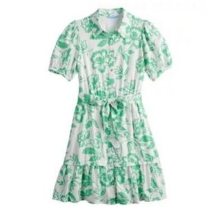 New Draper James RSVP Green White Floral Ruffle Buttondown Belt Bow Dress XXL